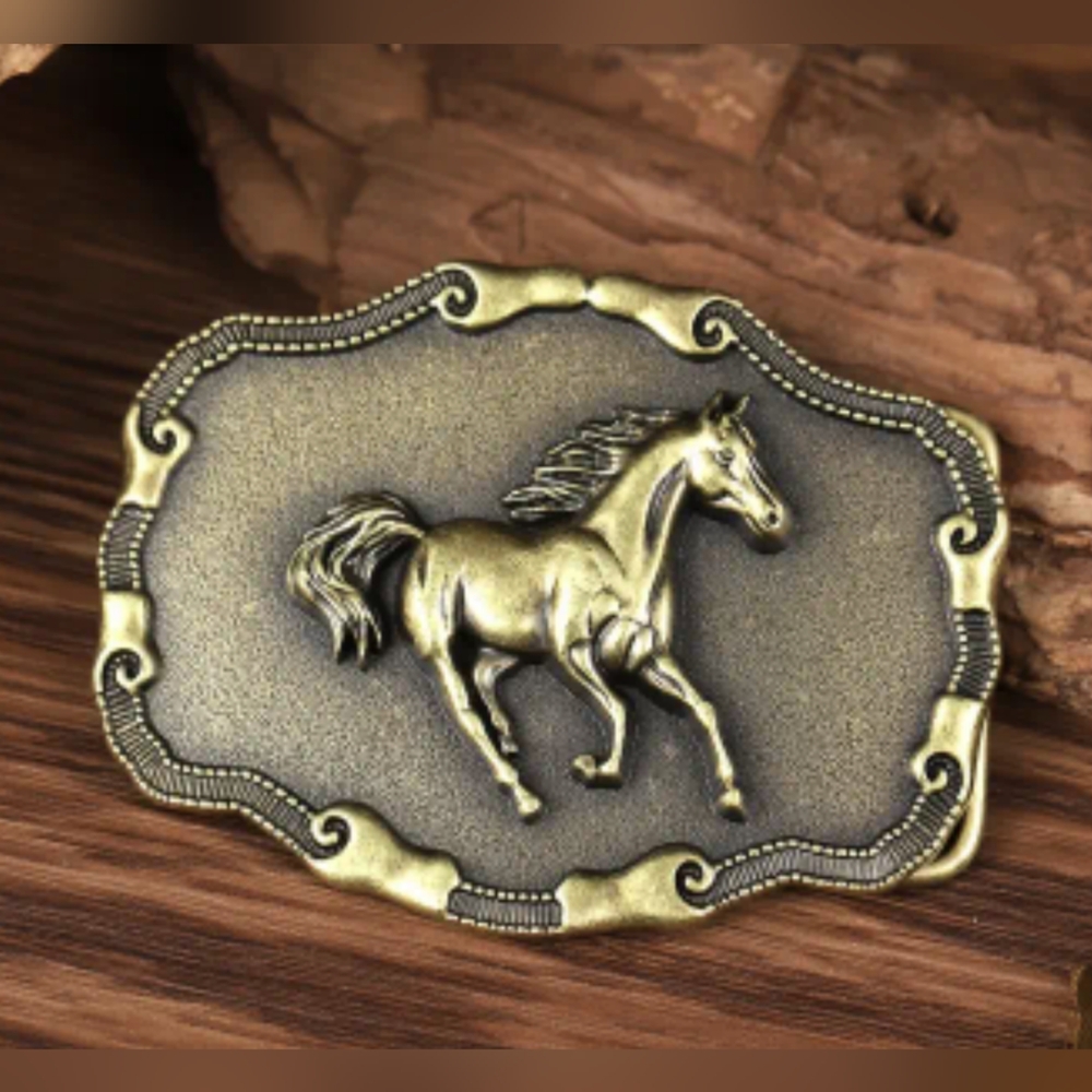 Western Horse Belt Buckle – Antique Gold Tone Running Horse Design, T3MISB4A